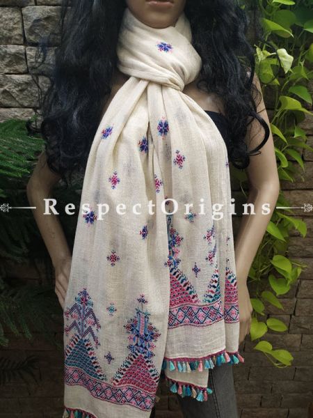 Exclusive Linen Soof Embroidered Stoles or Dupattas; White With Blue and Purple Hand Embroidery Online at RespectOrigins.com
