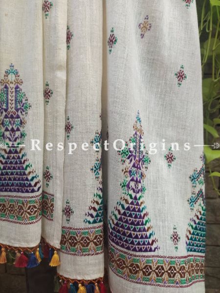 Exclusive Linen Soof Embroidered Stoles or Dupattas; White With Green, Brown and Purple Hand Embroidery Online at RespectOrigins.com