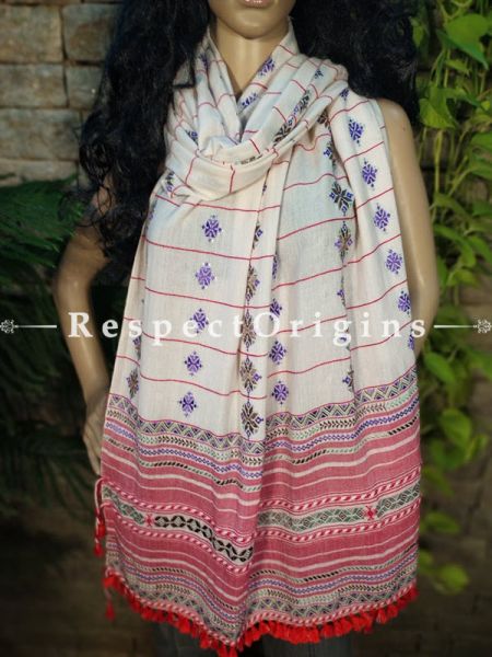 Exclusive Linen Soof Embroidered Stoles or Dupattas; White With Blue, Black and Red Hand Embroidery Online at RespectOrigins.com