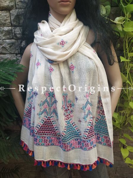 Exclusive Linen Soof Embroidered Stoles or Dupattas; White With Blue and Maroon Embroidery Online at RespectOrigins.com
