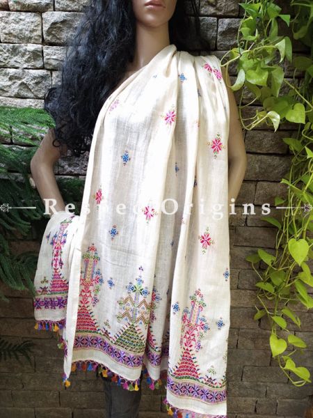 Exclusive Linen Soof Embroidered Stoles or Dupattas; White With Purple, Pink and Blue Embroidery Online at RespectOrigins.com