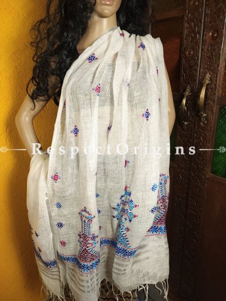 Exclusive Linen Soof Embroidered Stoles or Dupattas; White With Red, Blue and Purple Hand Embroidery Online at RespectOrigins.com