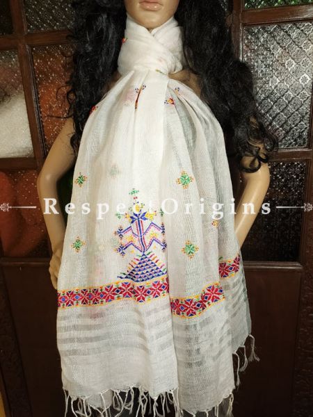 Exclusive Linen Soof Embroidered Stoles or Dupattas; White With Red, Blue, Greey and Yellow Hand Embroidery Online at RespectOrigins.com