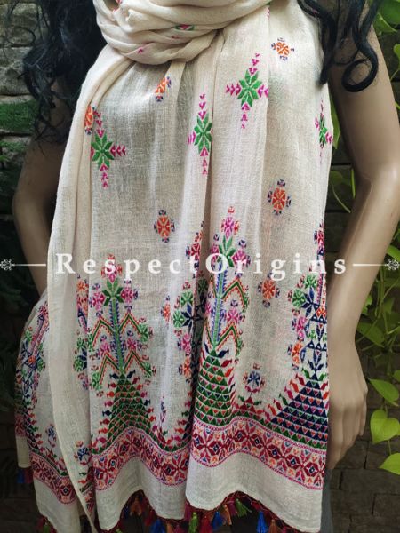 Exclusive Linen Soof Embroidered Stoles or Dupattas; White With Green, Pink, Orange and Blue Hand Embroidery Online at RespectOrigins.com