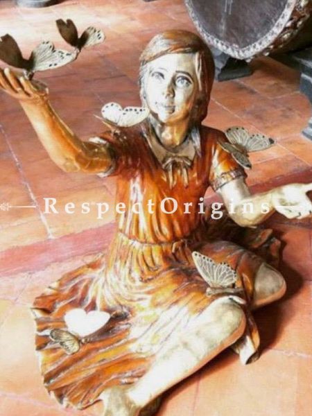 Finely Crafted Pure Bronze Statue of a Girl and Butterfly; Moment Frozen in Time; 30 Inches at RespectOrigins.com