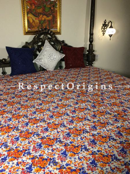 Buy Quilted Cotton Bedspread in White Base with Striking orange Flower and blue leaf Design hand block Print and Kantha Work; 3 Cushion Covers included; 90x108 in At RespectOrigins.com