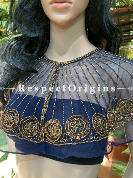 Vibrant Blue Net Handcrafted Beaded Poncho Cape or Shrug for Evening Gowns or Dresses; RespectOrigins.com
