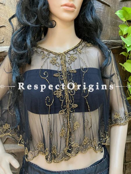 Black Net Handcrafted Golden Color Beaded Poncho Cape or Shrug for Evening Gowns or Dresses; RespectOrigins.com