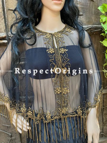 Black Net Handcrafted Beaded Poncho Cape or Shrug for Evening Gowns or Dresses; RespectOrigins.com