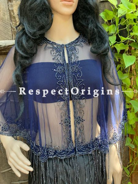 Blue Georgette Handcrafted Beaded Poncho Cape or Shrug for Evening Gowns or Dresses; RespectOrigins.com