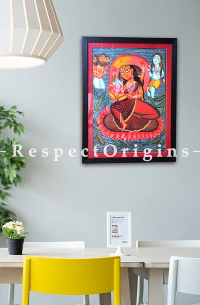 Goddess Parvati With Ganesha; Traditional Kalighat Painting On Paper Using Natural Colour; Vertical Folk Art of Bengal; 23X30 inches; RespectOrigins