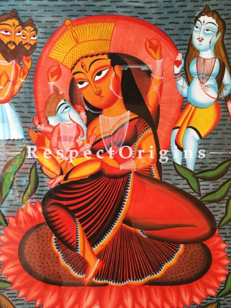 Goddess Parvati With Ganesha; Traditional Kalighat Painting ; Print on Canvas