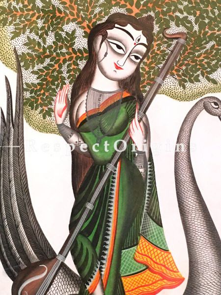 Buy Kalighat Painting of Goddess Saraswati Sitting On A Swan in 14X22 inches; On Paper;RespectOrigins