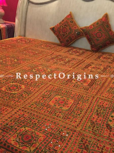 Buy Elegant Double Bed Cover; Cotton; Hand Embroidered; Mirror Work; orange; Cushion Covers included; 88x103 in At RespectOrigins.com