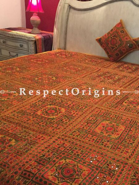 Buy Elegant Double Bed Cover; Cotton; Hand Embroidered; Mirror Work; orange; Cushion Covers included; 88x103 in At RespectOrigins.com