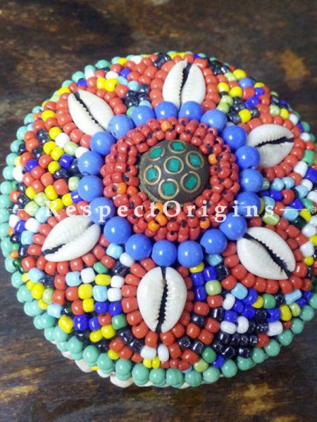 Green, blue and red Jewellery Box With Beads and Sea Shells; Ladakhi Beaded Container; RespectOrigins.com