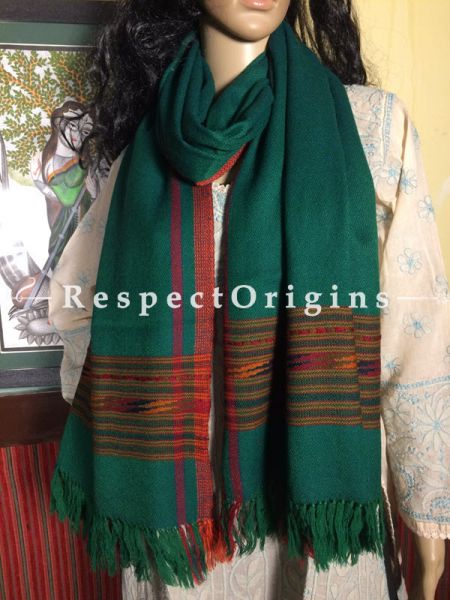Buy Green Hand woven Woolen Kullu Stoles From Himachal with orange border; Size 80 x 27 inches at RespectOrigins.com
