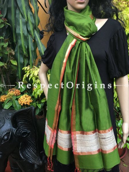 Handloom Green Maheshwari Cotton silk stole with golden Jute work and red border in 50x35 inches; RespectOrigins.com
