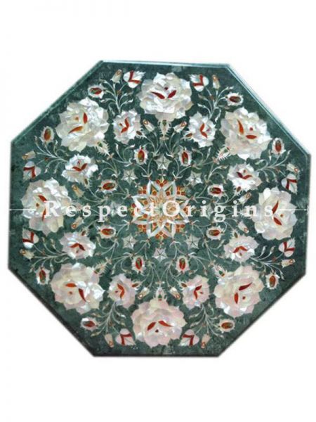 Buy ornate Marble inlay Table Tops or Pietra Dura Circular Green Octagonal Marble Table Top with Mother of Pearls and Jasper Semi Precious Stone; 17x17 in At RespectOrigins.com