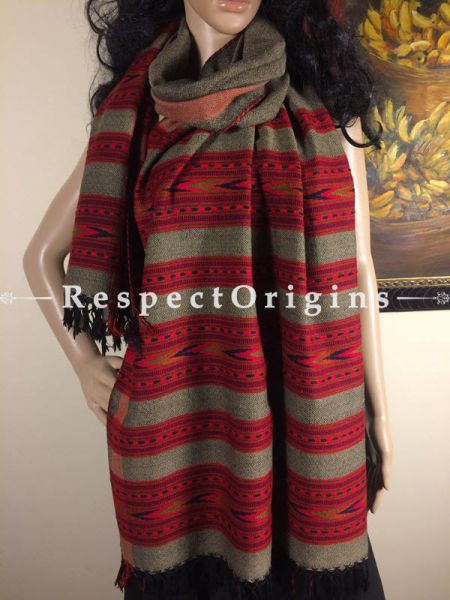 Buy Grey Hand woven Woolen Kullu Stoles From Himachal with multiple pink borders; Size 80 x 27 inches at RespectOrigins.com
