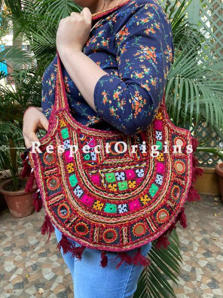 Red Vintage old style embroidered handbag - Gujarati mirror work kutch embroidered shoulder bag - Ladies boho style handbag Strap 27 Inches; RespectOrigins.com