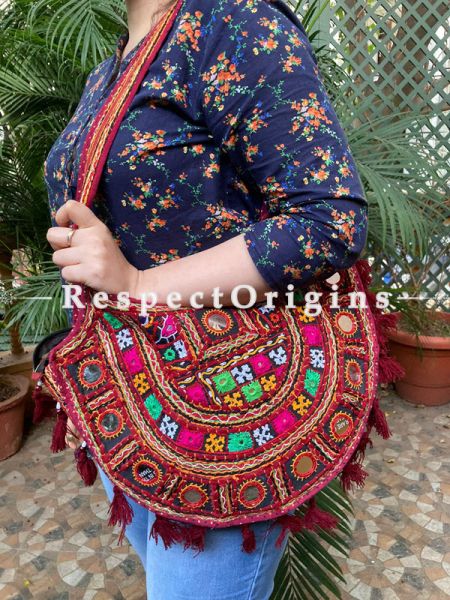 Red Vintage old style embroidered handbag - Gujarati mirror work kutch embroidered shoulder bag - Ladies boho style handbag Strap 27 Inches; RespectOrigins.com