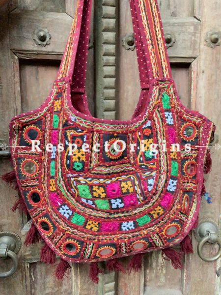 Red Vintage style embroidered handbag  with Gujarati mirror work kutch embroidered shoulder bag - Ladies boho style handbag Strap 27 Inches; RespectOrigins.com