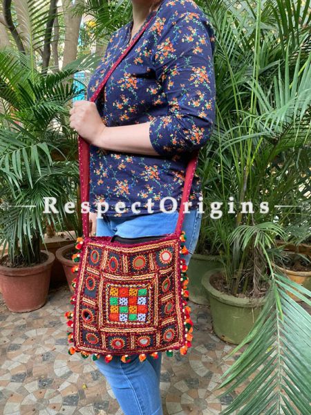Red Vintage style embroidered handbag  with Gujarati mirror work kutch embroidered shoulder bag Ladies boho style handbag Strap 36 Inches; RespectOrigins.com