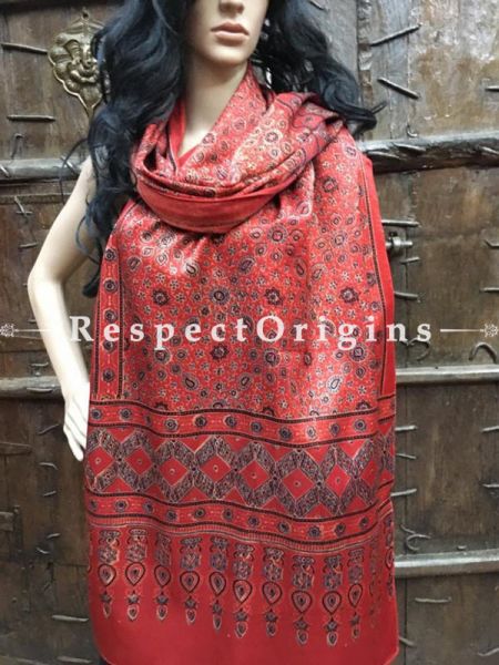 Dark Red Gujarati Ajrakh Block Printed Mashru Silk Stole-RespectOrigins.com