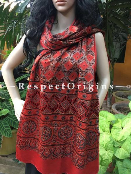 Dark Red Gujarati Ajrakh Block Printed Mashru Silk Stole; RespectOrigins.com