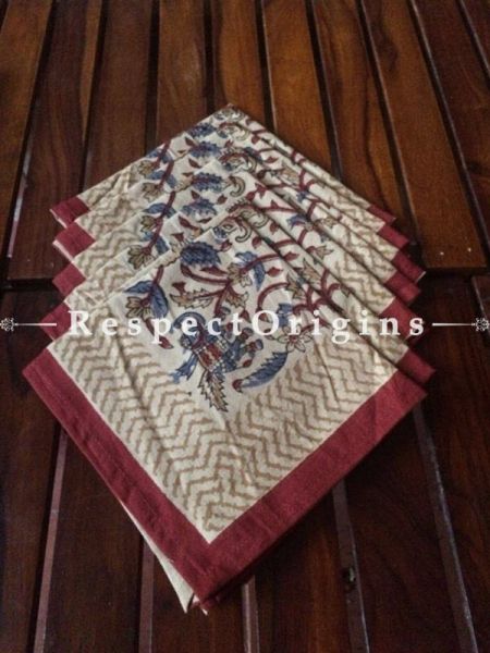 Buy Hand Block Printed Thick Floral Design Cotton Washable Table Mat Set with Runner and Coasters; Red, Blue & Brown on White Base At RespectOrigins.com