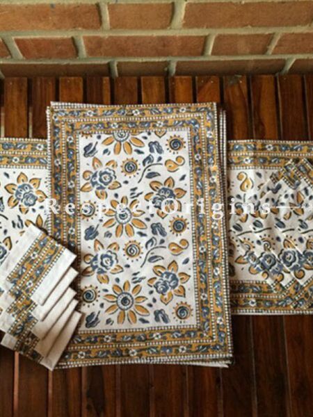 Buy Hand Block Printed Thick Floral Design Cotton Washable Table Mat Set with Runner and Coasters; Mustard & Blue on White Base At RespectOrigins.com