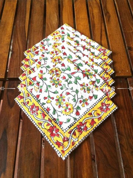 Buy Hand Block Printed Thick Floral Design Cotton Washable Table Mat Set with Runner and Coasters; Red, Green & Yellow on White Base At RespectOrigins.com