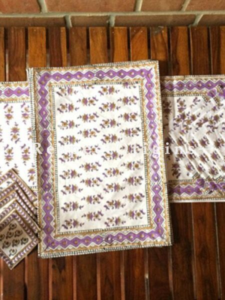 Buy Hand Block Printed Thick Floral Design Cotton Washable Table Mat Set with Runner and Coasters; Purple & Brown on White Base At RespectOrigins.com