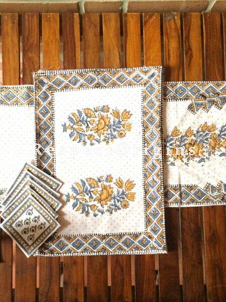Buy Hand Block Printed Thick Floral Design Cotton Washable Table Mat Set with Runner and Coasters; Blue & Mustard on White Base At RespectOrigins.com