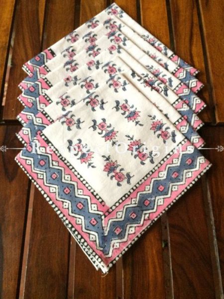 Buy Hand Block Printed Thick Floral Design Cotton Washable Table Mat Set with Runner and Coasters; Blue & Pink on White Base At RespectOrigins.com