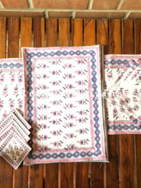 Buy Hand Block Printed Thick Floral Design Cotton Washable Table Mat Set with Runner and Coasters; Blue & Pink on White Base At RespectOrigins.com