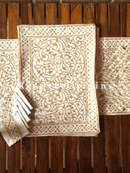 Buy Hand Block Printed Thick Floral Design Cotton Washable Table Mat Set with Runner and Coasters; Brown on White Base At RespectOrigins.com