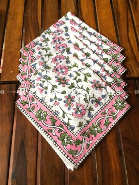 Buy Hand Block Printed Thick Floral Design Cotton Washable Table Mat Set with Runner and Coasters; Pink & Green on White Base At RespectOrigins.com