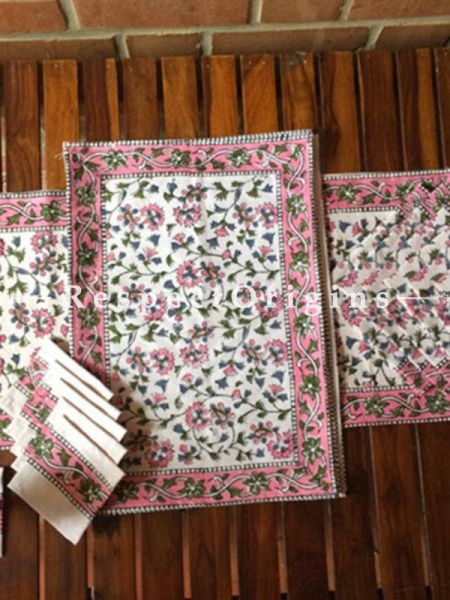 Buy Hand Block Printed Thick Floral Design Cotton Washable Table Mat Set with Runner and Coasters; Pink & Green on White Base At RespectOrigins.com