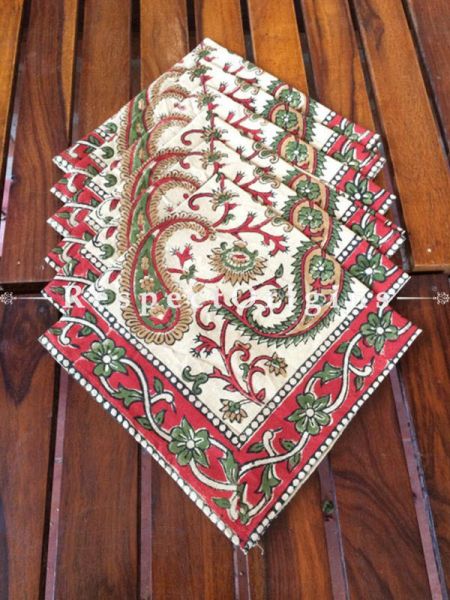Buy Hand Block Printed Thick Floral Design Cotton Washable Table Mat Set with Runner and Coasters; Red & Green On Beige Base At RespectOrigins.com