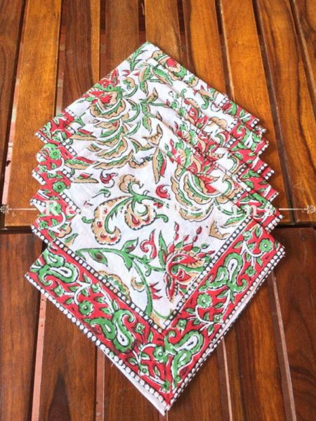 Buy Hand Block Printed Thick Floral Design Cotton Washable Table Mat Set with Runner and Coasters; Red & Green On White Base At RespectOrigins.com