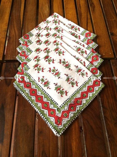 Buy Hand Block Printed Thick Floral Design Cotton Washable Table Mat Set with Runner and Coasters; Red & Green on White Base At RespectOrigins.com