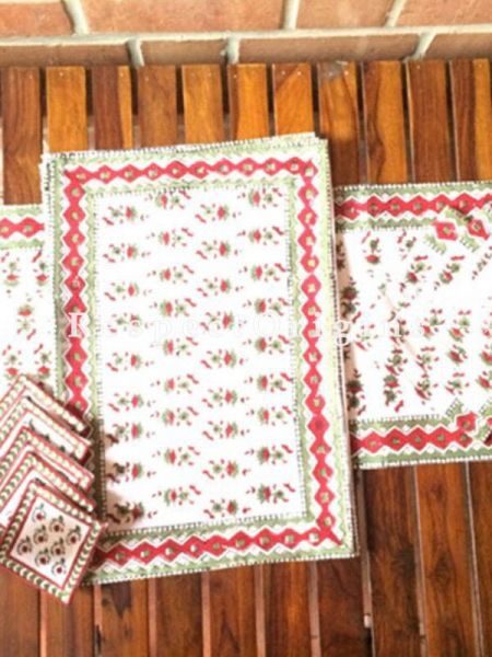 Buy Hand Block Printed Thick Floral Design Cotton Washable Table Mat Set with Runner and Coasters; Red & Green on White Base At RespectOrigins.com