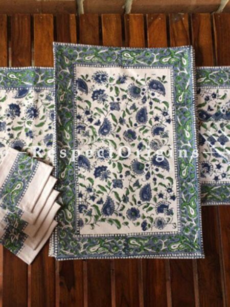 Buy Hand Block Printed Thick Floral Design Cotton Washable Table Mat Set with Runner and Coasters; Blue & Green On Beige Base At RespectOrigins.com