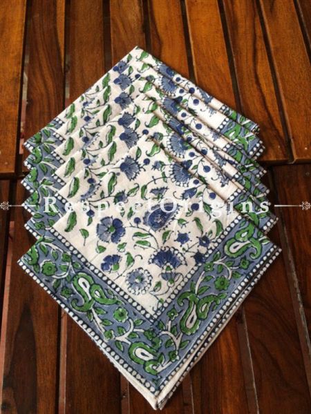 Buy Hand Block Printed Thick Floral Design Cotton Washable Table Mat Set with Runner and Coasters; Blue & Green On Beige Base At RespectOrigins.com