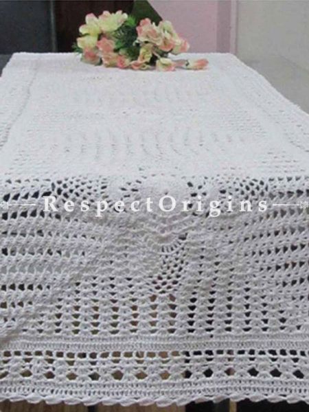 Buy Magnificent Hand Knitted White Crochet Table Runner, Round Mats and Coasters Sets; 15x40 in; Cotton At RespectOrigins.com