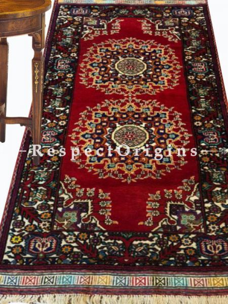 Buy Fiona Rich Red and Black Woolen Area Afghan oriental Rug with Two Medallions; Hand-knotted and beautiful; Size 2.8x6 Ft At RespectOrigins.com