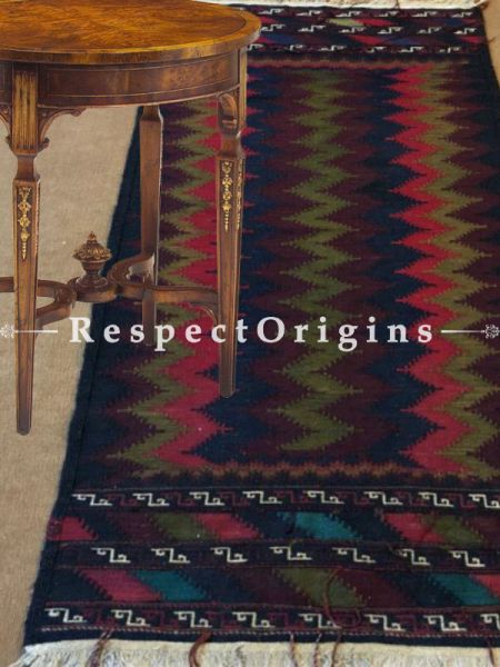 Buy Exotica Green, Coral, Blue and Brown, Kilim Style Turkish inspired Afghan Rug, Hand-knotted Woolen; Size 2.5x5 Ft At RespectOrigins.com