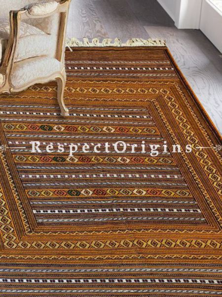 Buy Phoebe Warm Turmeric Yellow Kilim Area Rug in Textured Close-knit Tribal Motifs; Afghan Woolen Carpet; Size 5x7 Ft At RespectOrigins.com